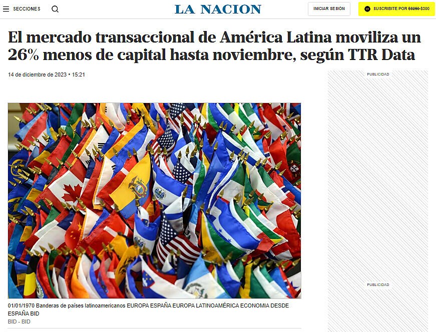 El mercado transaccional de Amrica Latina moviliza un 26% menos de capital hasta noviembre, segn TTR Data